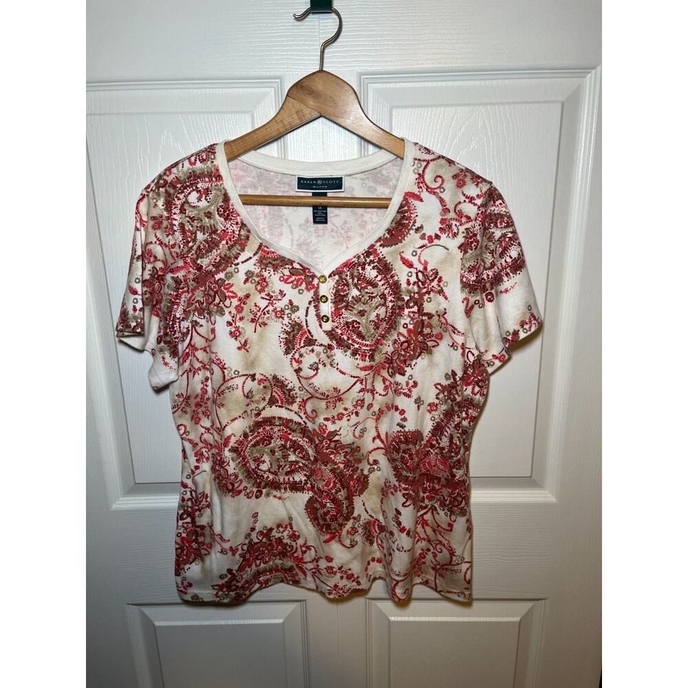 Karen Scott Women’s Top Size 1X Red Cream Paisley Print Short Sleeve Blouse